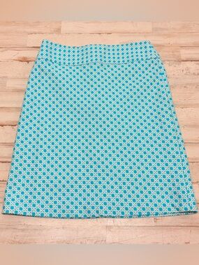 Talbots Petites Geometric Print Knit Above The Knee Skirt Size 2P Teal Blue